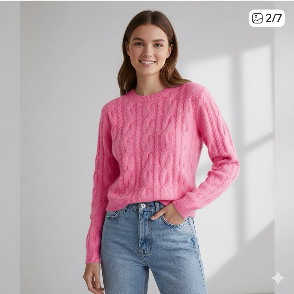Bershka  Pink Cable Knit Cropped Crewneck Sweater, Size XS